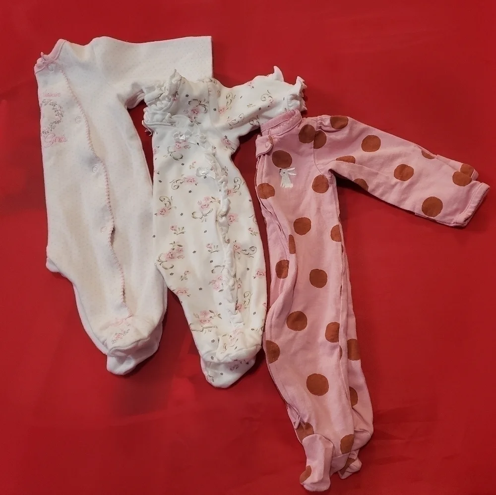 set of three rompers for baby girl .white floral, pink
